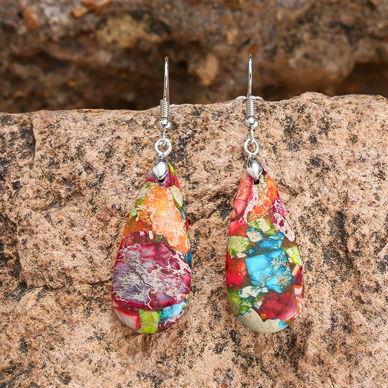 Colorful Imperial Stone Earrings Retro Wind Drop-shaped Natural Stone Temperament Female Earrings