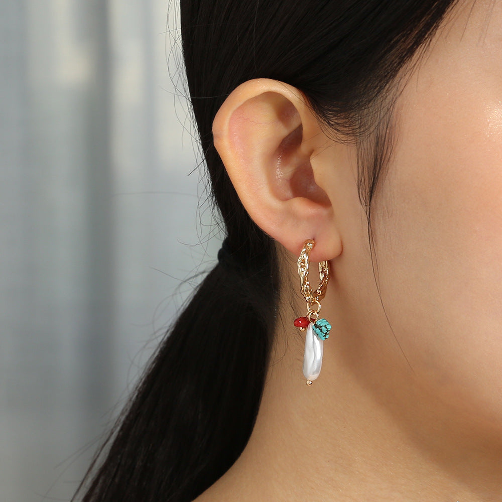 C-shaped Metal Earrings Retro Natural Stone Mix And Match Special-shaped Pearl Jewelry Earrings