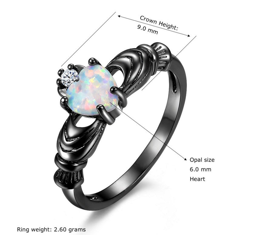 Heart Opal Crown Gun Black Ring