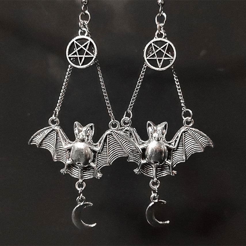 Gothic Halloween Bat Pentagram Moon Charm Earrings