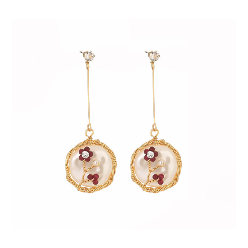 Hand-wound natural stone flower long Tassel red white earrings