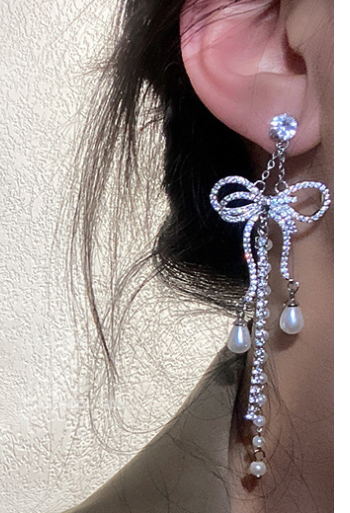 Zircon Bowknot Tassel Earrings European And American Exaggerated Long Earrings Earrings