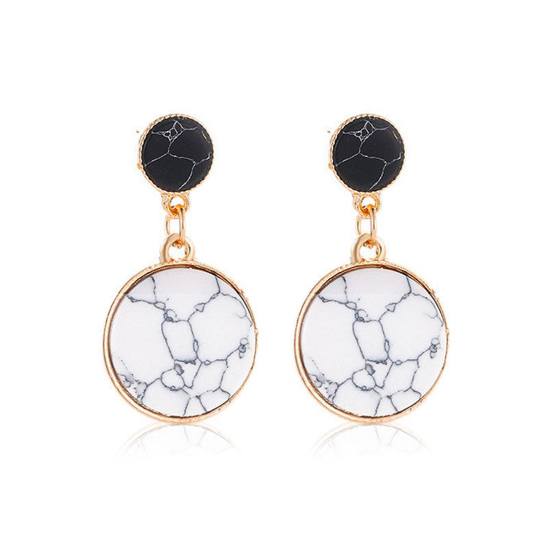 Black And White Cracked Stone Size Round Marble Pattern Earrings