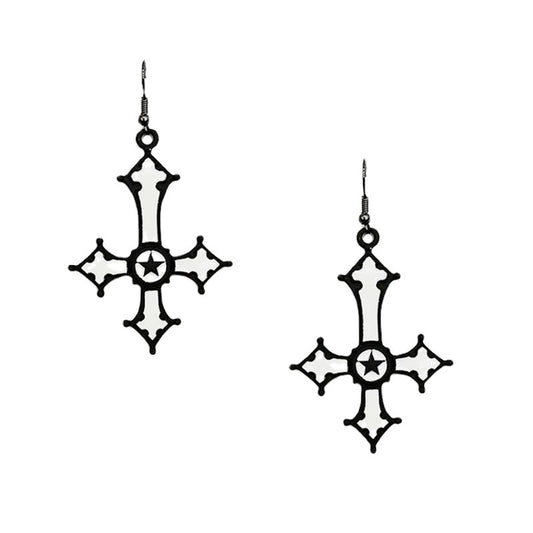 Euramerican Dark Gothic Inverted Cross Earrings