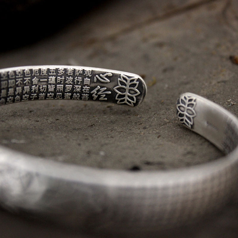 S925 Silver Parami Heart Sutra Carved Bangle