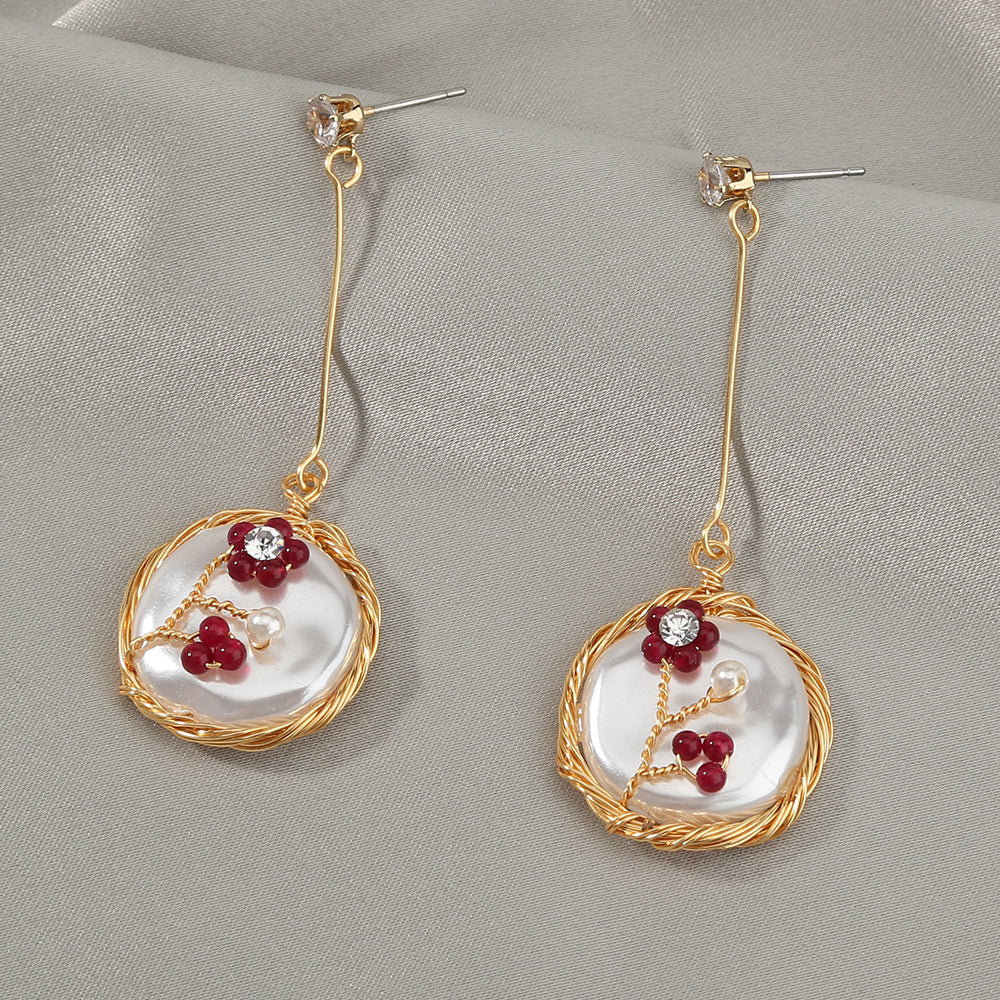 Hand-wound natural stone flower long Tassel red white earrings