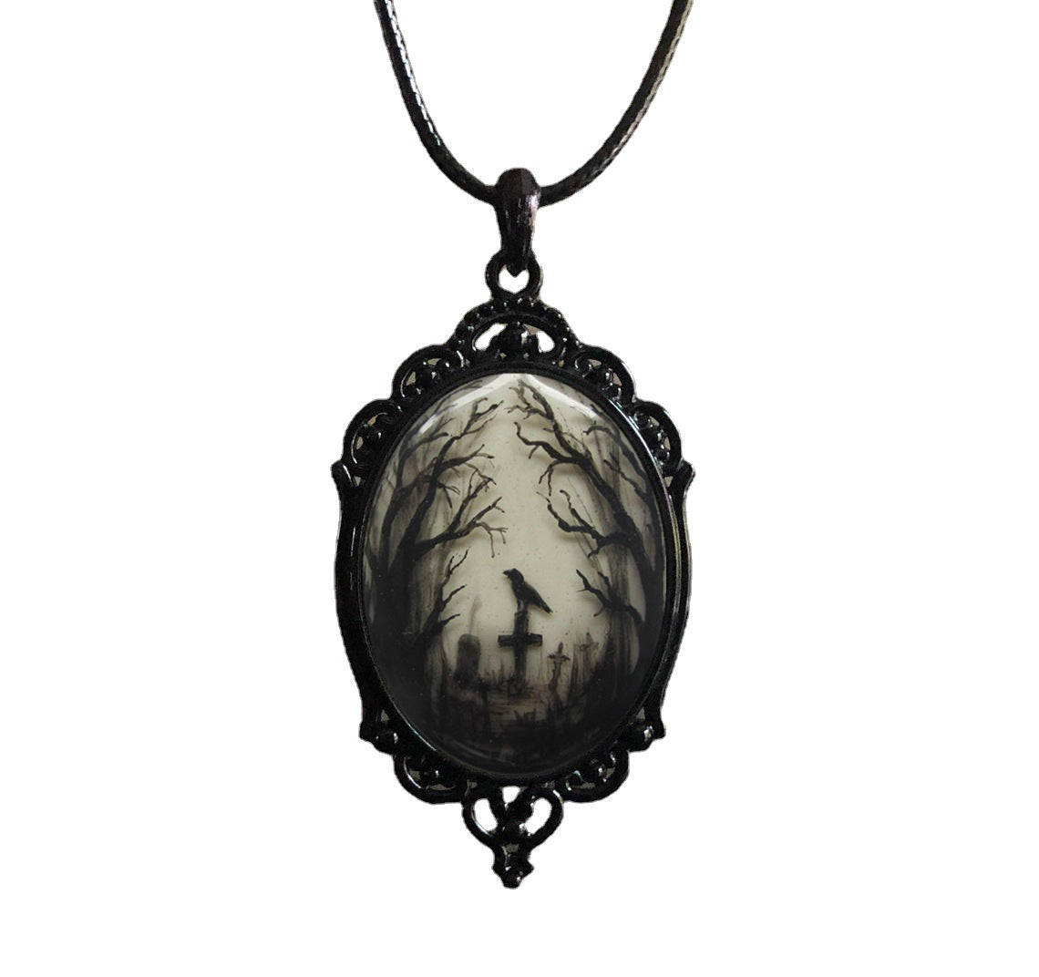 Gothic Crow Cross Glass Pendant Necklace