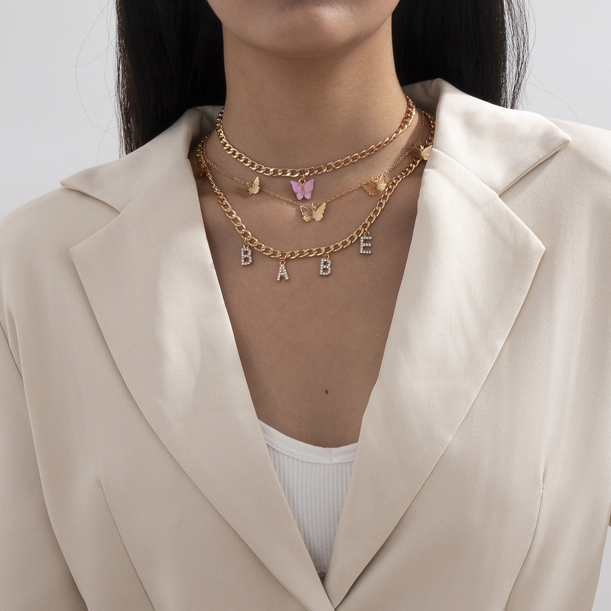 Fashion Diamond Letter Butterfly Set Necklace