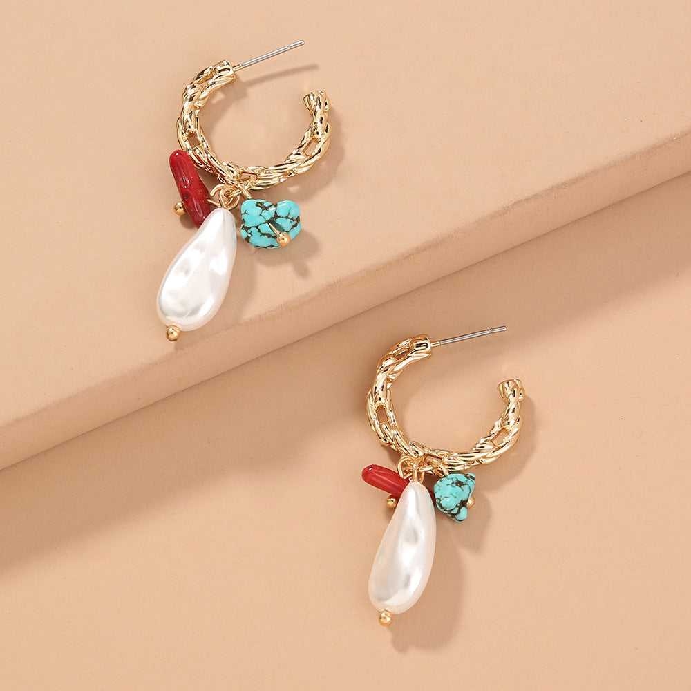 C-shaped Metal Earrings Retro Natural Stone Mix And Match Special-shaped Pearl Jewelry Earrings