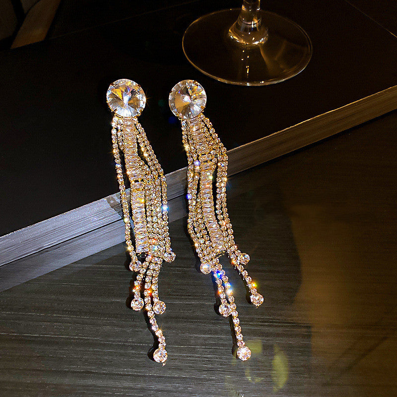 Exaggerated Diamond Zircon Tassel Earrings