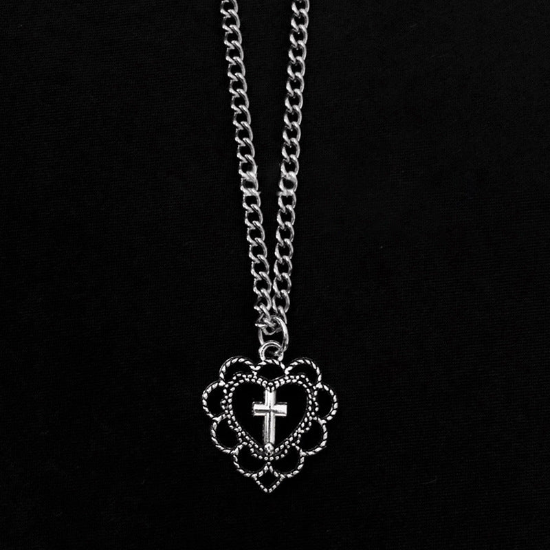 Gothic Punk Style Hollow Heart Cross Pendant Necklace