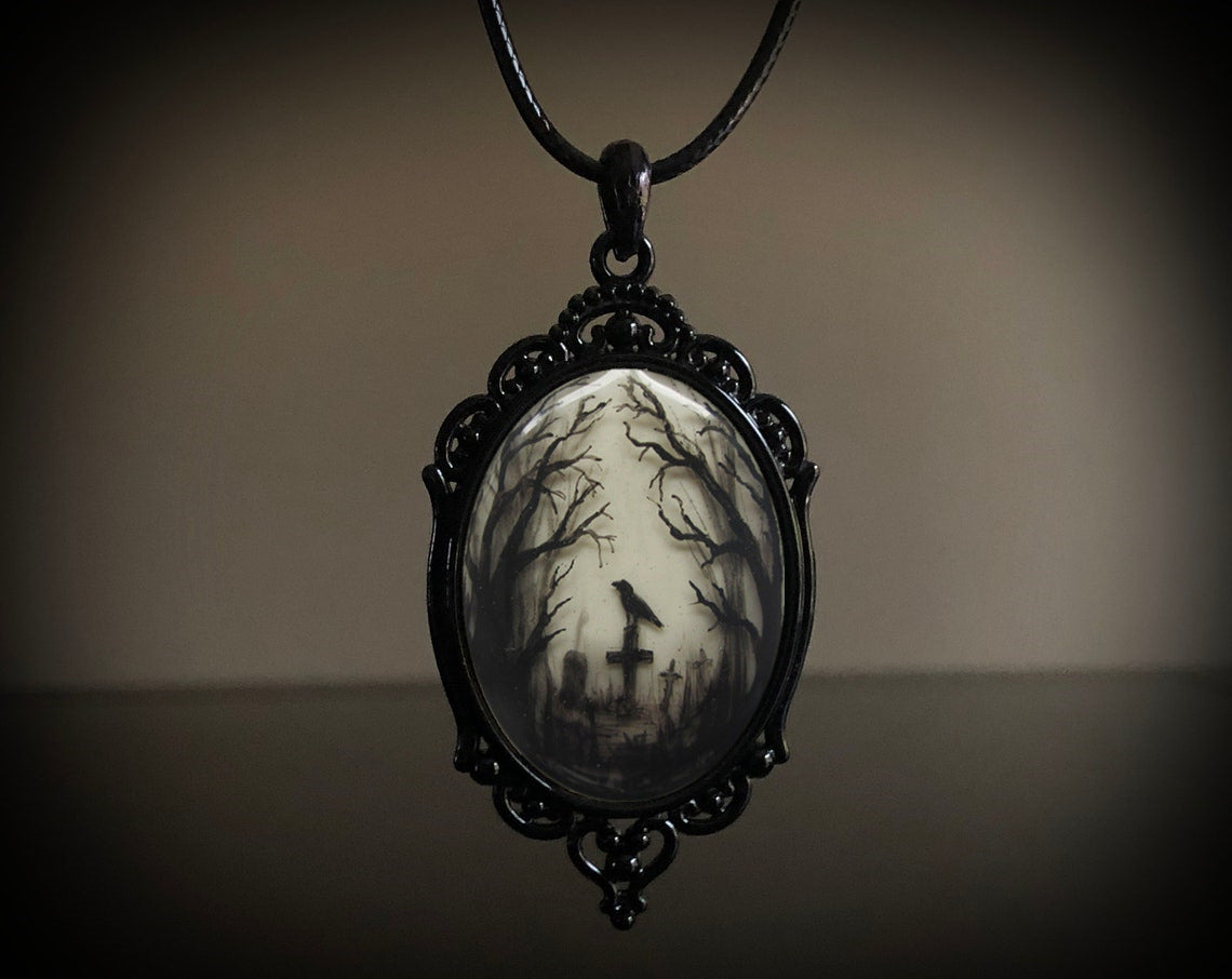 Gothic Crow Cross Glass Pendant Necklace