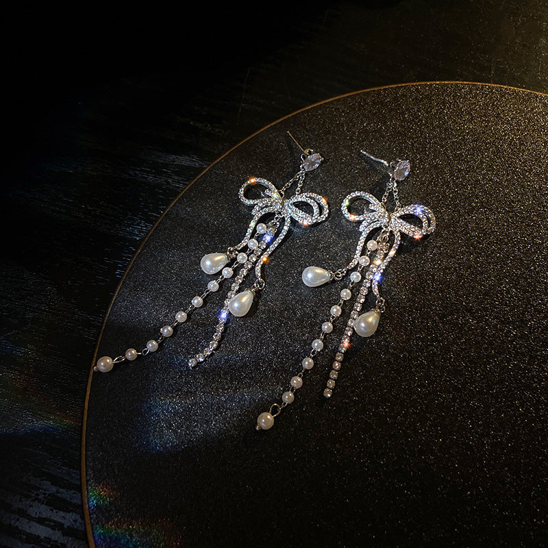 Zircon Bowknot Tassel Earrings European And American Exaggerated Long Earrings Earrings