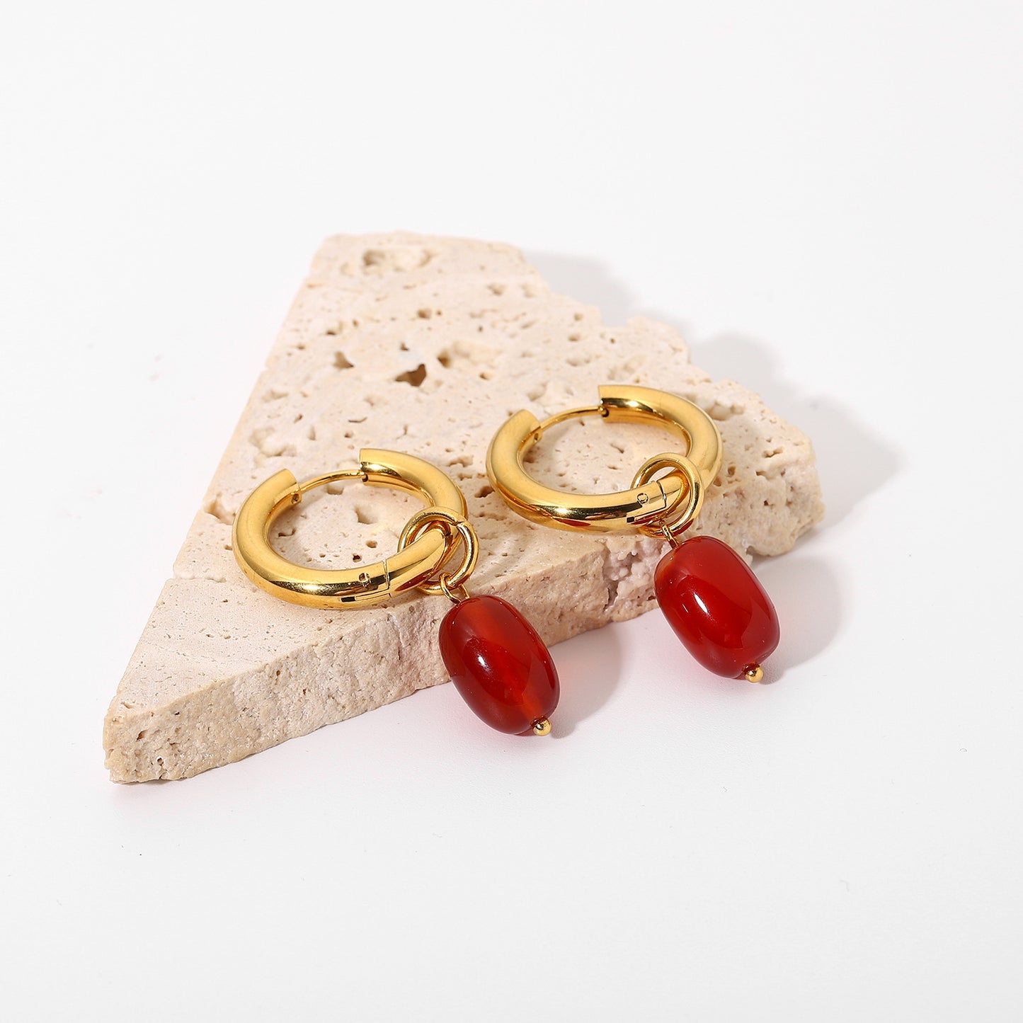 Women's Double Gold Plated Onyx Stone Pendant Stainless Steel Earrings