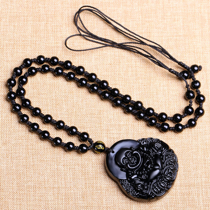 Obsidian Buddha Head Crystal Necklace
