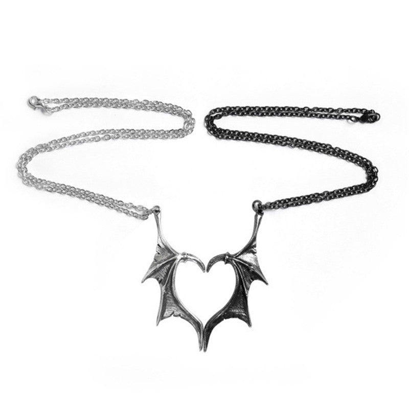 Gothic Devil Wings Couple Necklace Punk Silver Black Color Heart Bat Wing Necklaces For Lovers