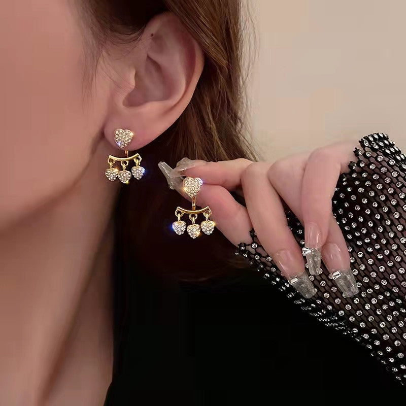 Sparkling Heart Earrings Tassel Front And Back Buckle Design Silver Stud