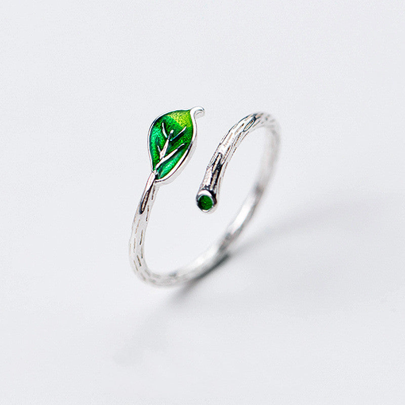 Ring Women's Simple Branch Green Leaf Ring Artistic Leaf Single Ring Female