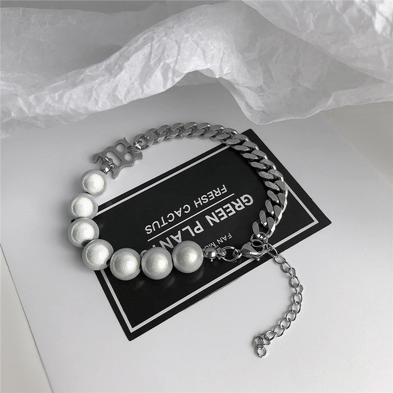 Reflective Pearl Letter Titanium Steel Bracelet