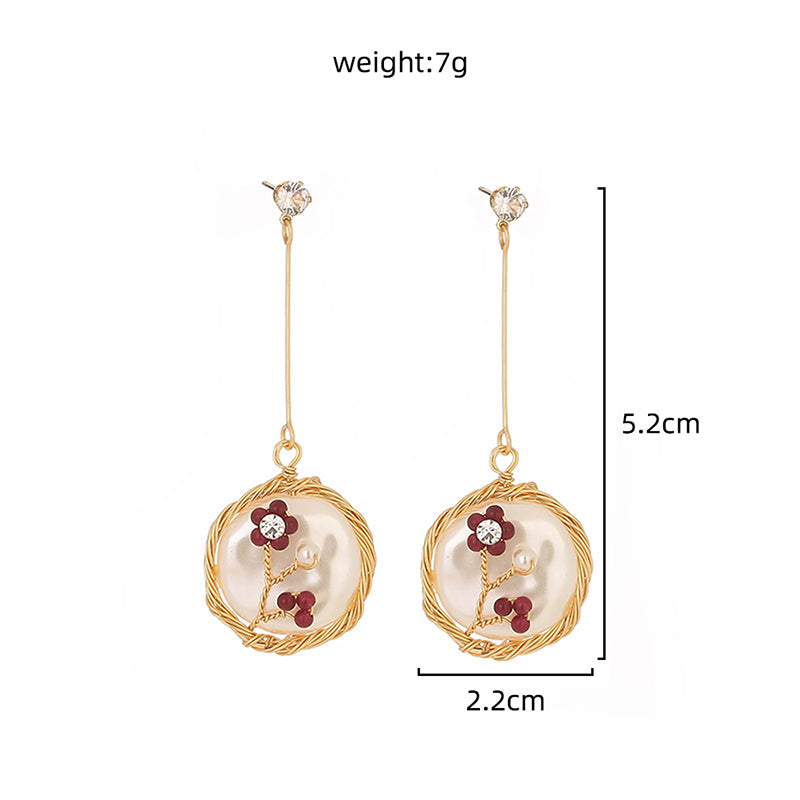Hand-wound natural stone flower long Tassel red white earrings