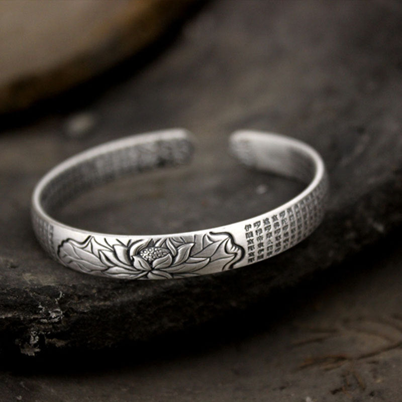 S925 Silver Parami Heart Sutra Carved Bangle