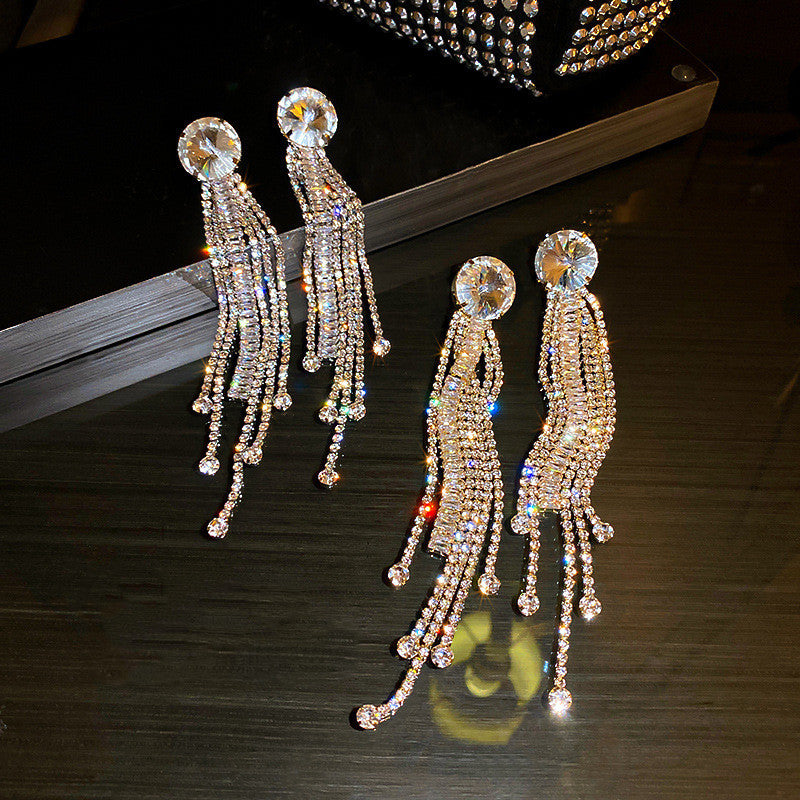 Exaggerated Diamond Zircon Tassel Earrings