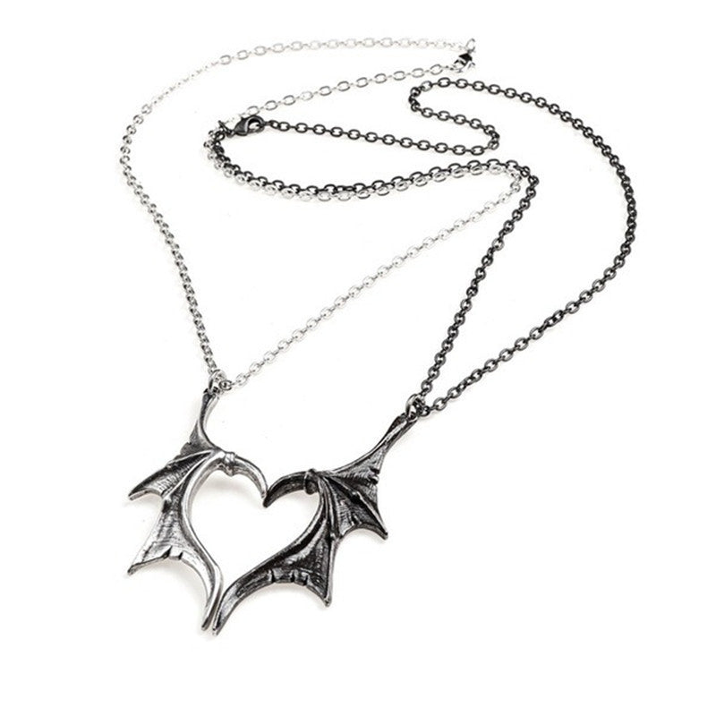 Gothic Devil Wings Couple Necklace Punk Silver Black Color Heart Bat Wing Necklaces For Lovers