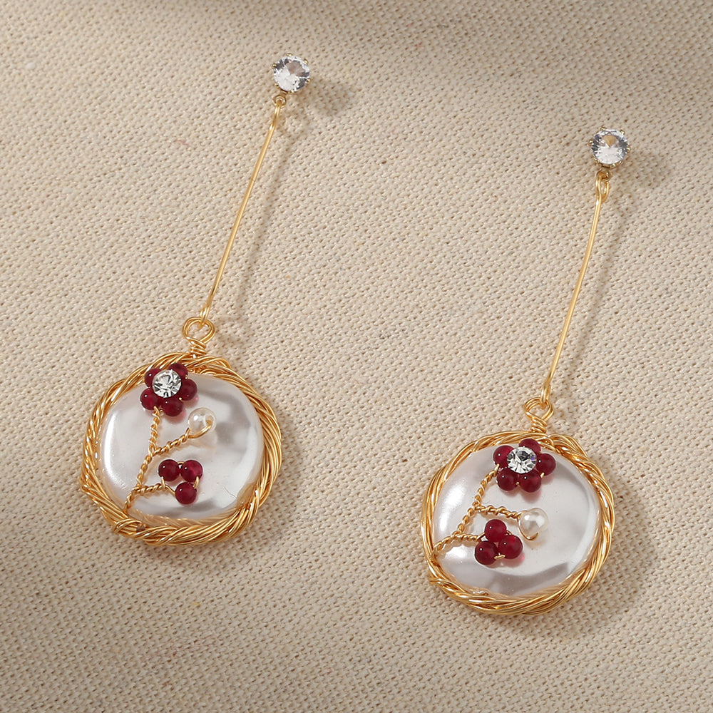 Hand-wound natural stone flower long Tassel red white earrings