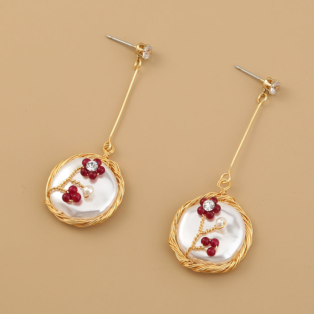 Hand-wound natural stone flower long Tassel red white earrings