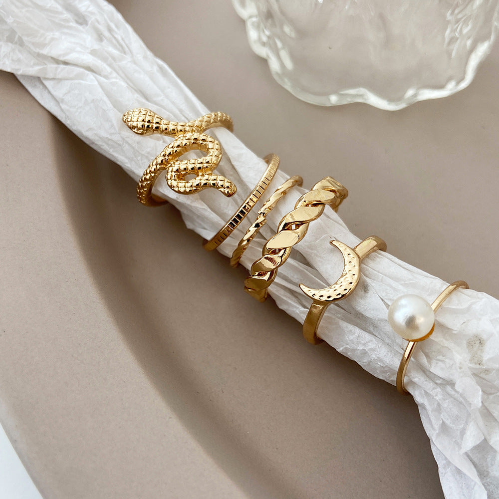 Women's Snake Ring Moon Pearl Ring Set