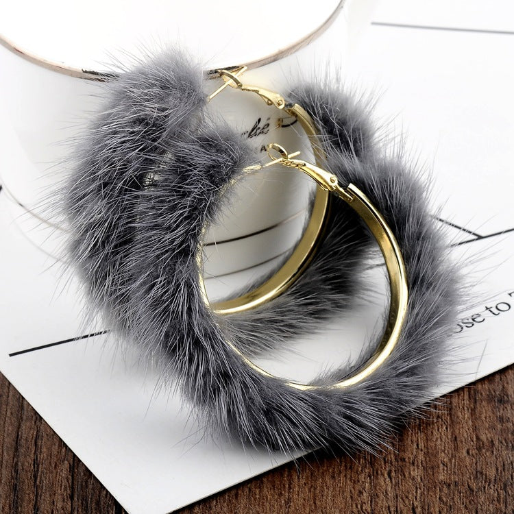 Mink Fur Large Circle Round Ear Hoop Earrings