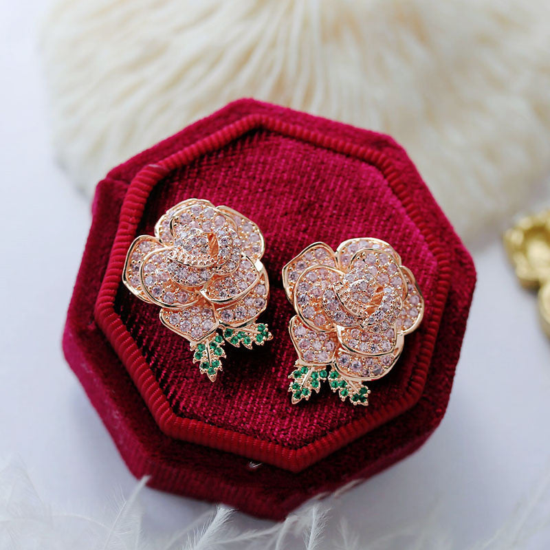 Diamond Layered Rose Sparkling Diamond Gemstone Earrings