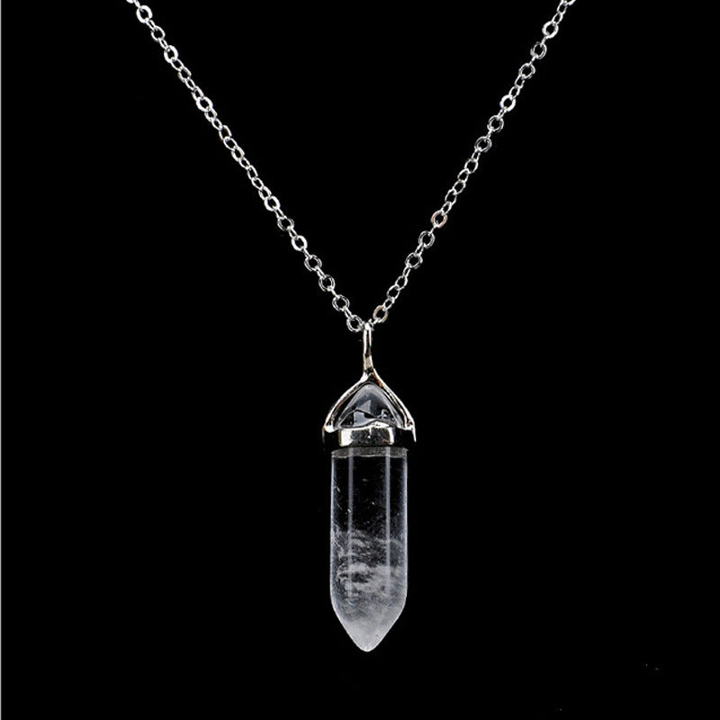 Natural Stone Hexagon Pillar Crystal Pendant Necklace