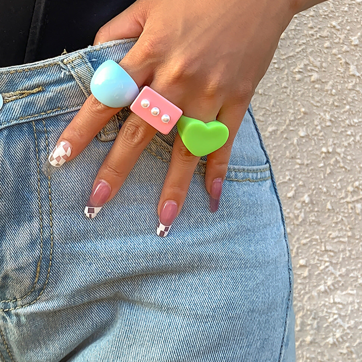 Exaggerated Macaron Color Geometric Ring Set