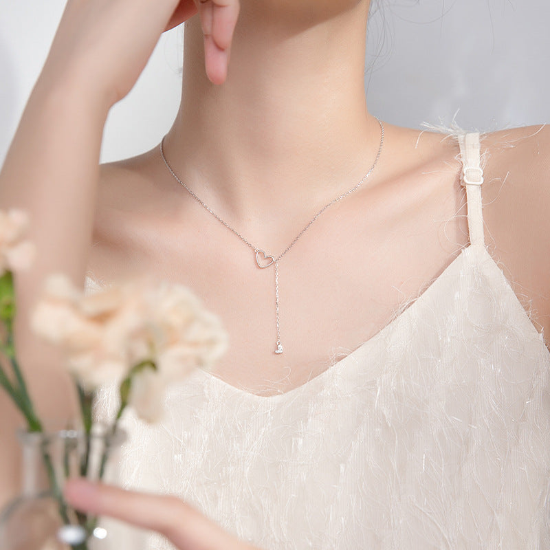 S925 Silver Hollow Heart Diamond Clavicle Necklace