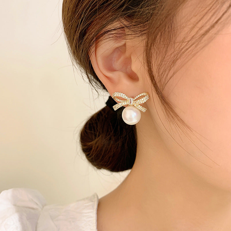 Bowknot Pearl Earrings Temperament High-end Earrings