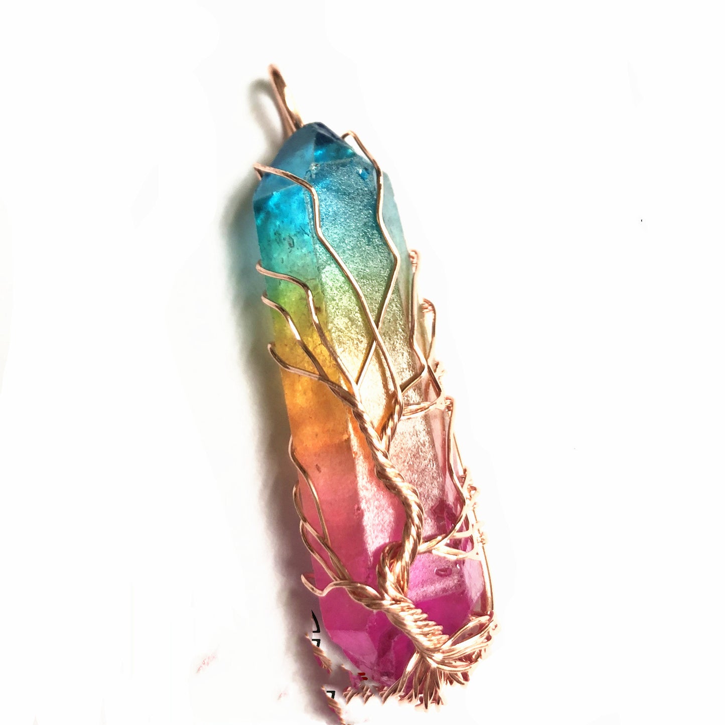 Crystal Plating Rainbow Color Crystal Pillar Tree Of Life Pendant Necklace