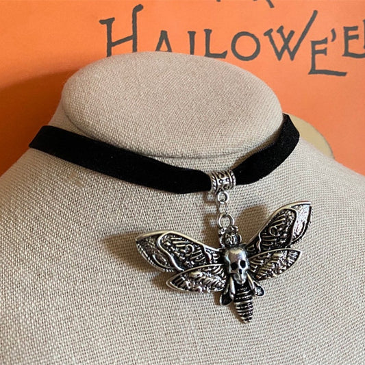 Gothic Silver Skull Moth Pendant Necklace