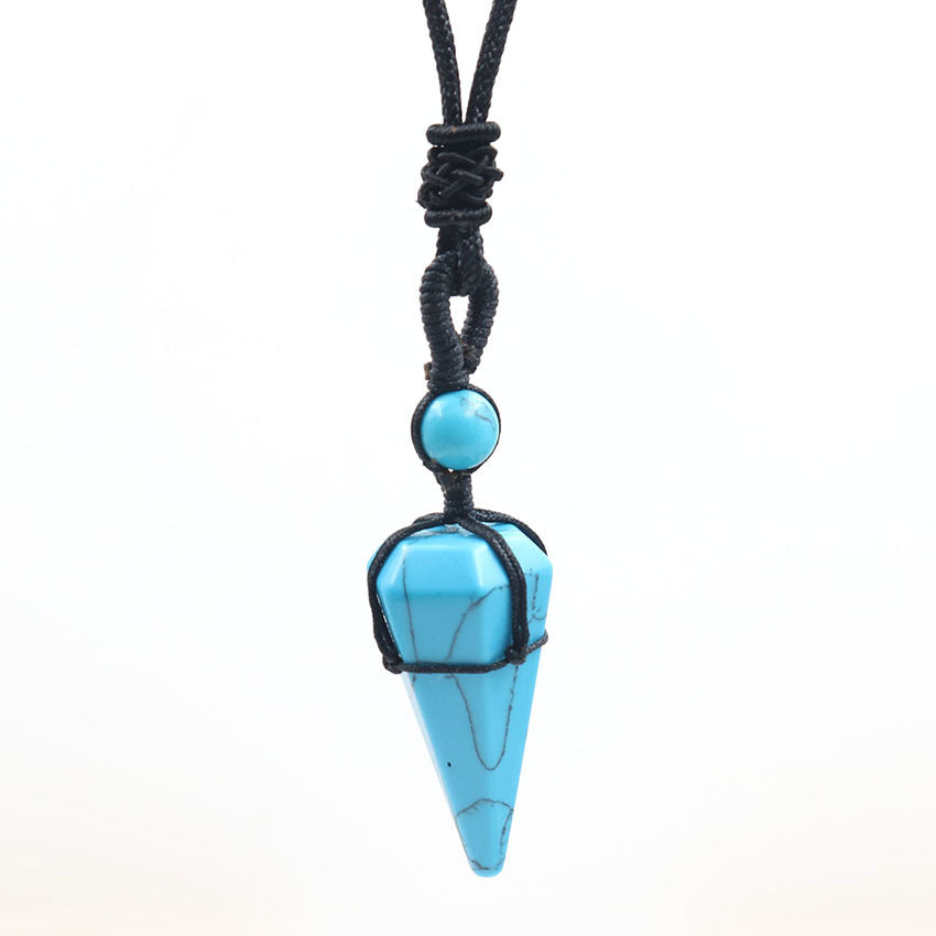 Natural Crystal Hexagonal Cone Braided Pendant Necklace