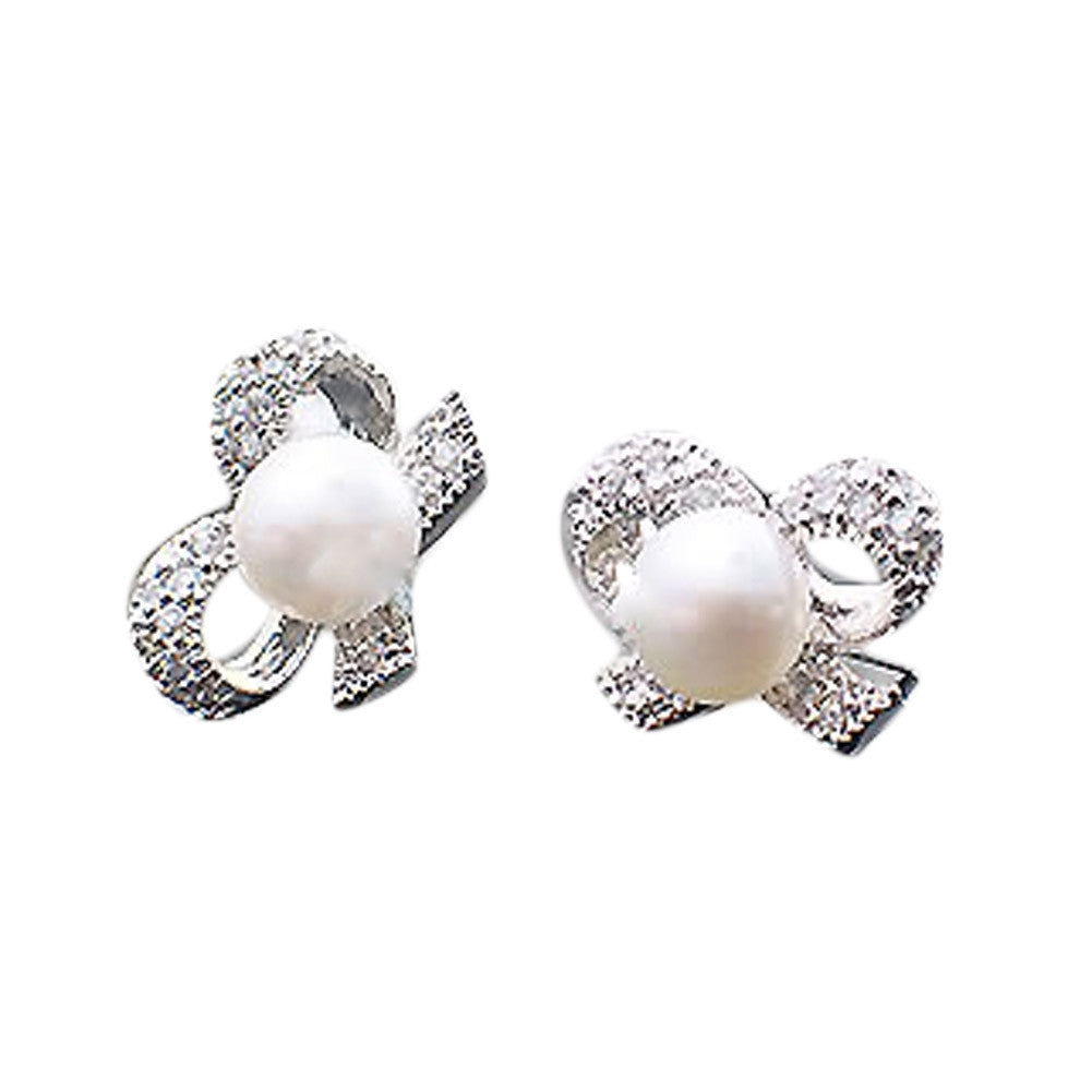 Sparkling Diamond Small Bow Pearl Earrings