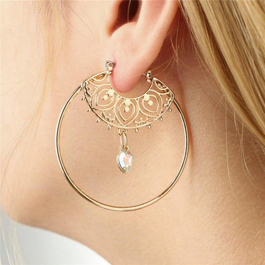 Gold Color Big Circle Round Hoop Earrings For Women Fashion Water Drop Crystal Geometric Hoops aros Statement Earrings