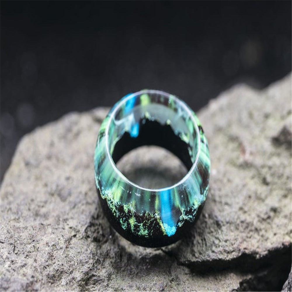 New Resin Wood Snowscape Starry Sky Aurora Personality Ring Fluorescent Secret Wood For Women Men Unusual Decoration Jewelry