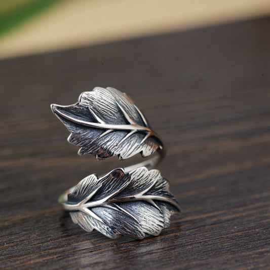 S925 silver leaf ring