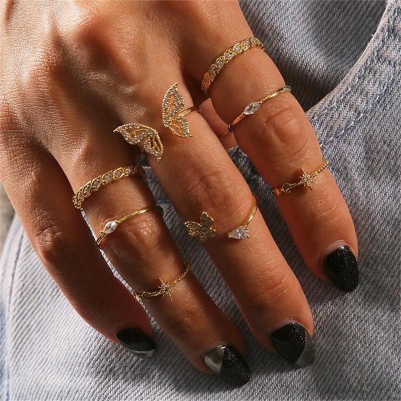 8 Piece Set Diamond Butterfly Flower Set Ring Women's Vintage Wedding Festival Crystal Ring