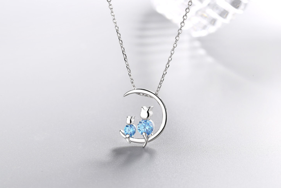 Blue Diamond Moon Bunny Necklace