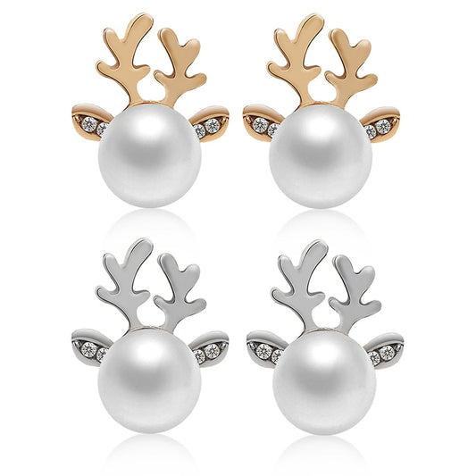 Stud Earrings Christmas Pearl Antlers Earrings