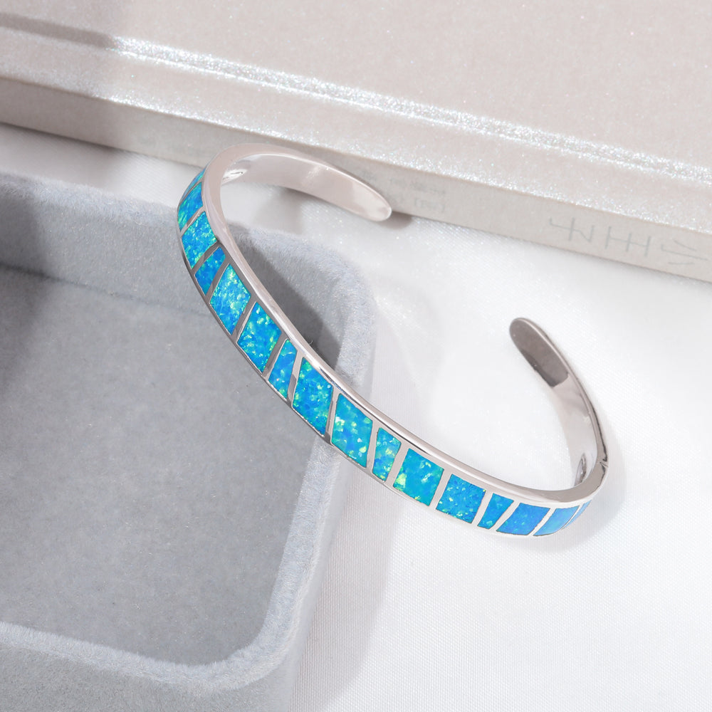 CiNily White & Blue Fire Opal Stone Open Bangles Silver