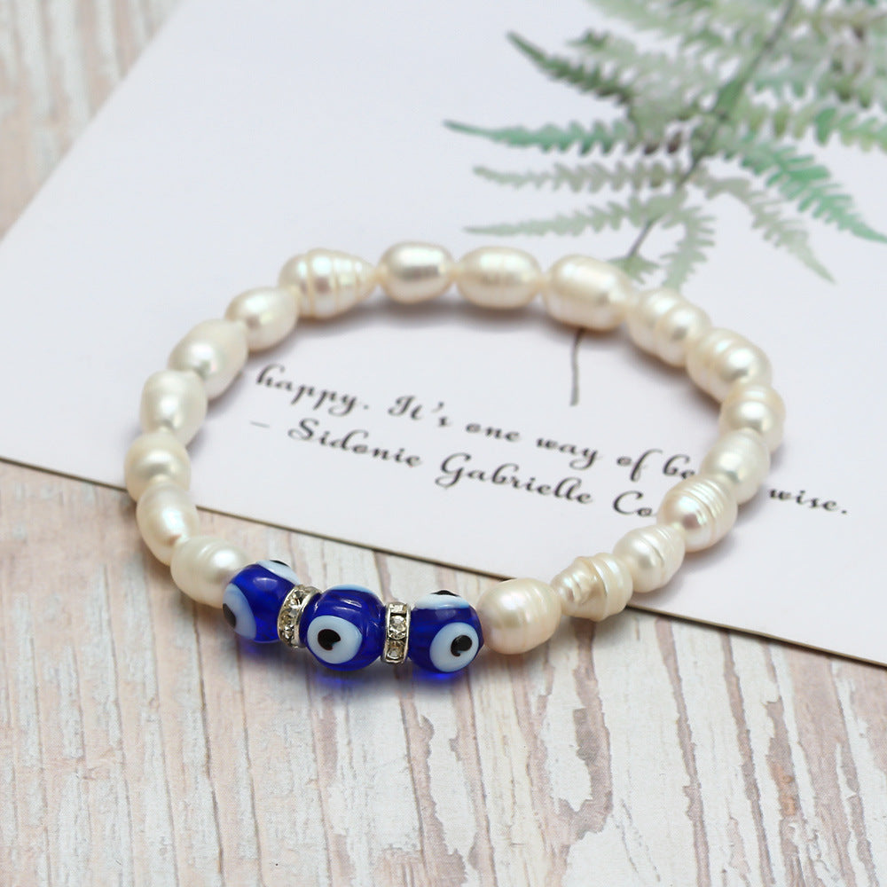 Freshwater Pearl Bracelet Female European and American Demon Eye Bracelet Pearl Cross-border Blue Eye Bracelet Hand Jewelry