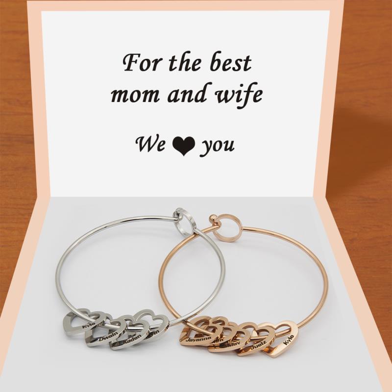 Stainless Steel Bangle Letter Personalized Bracelets with Hearts Customized Engraved Names Bracelets