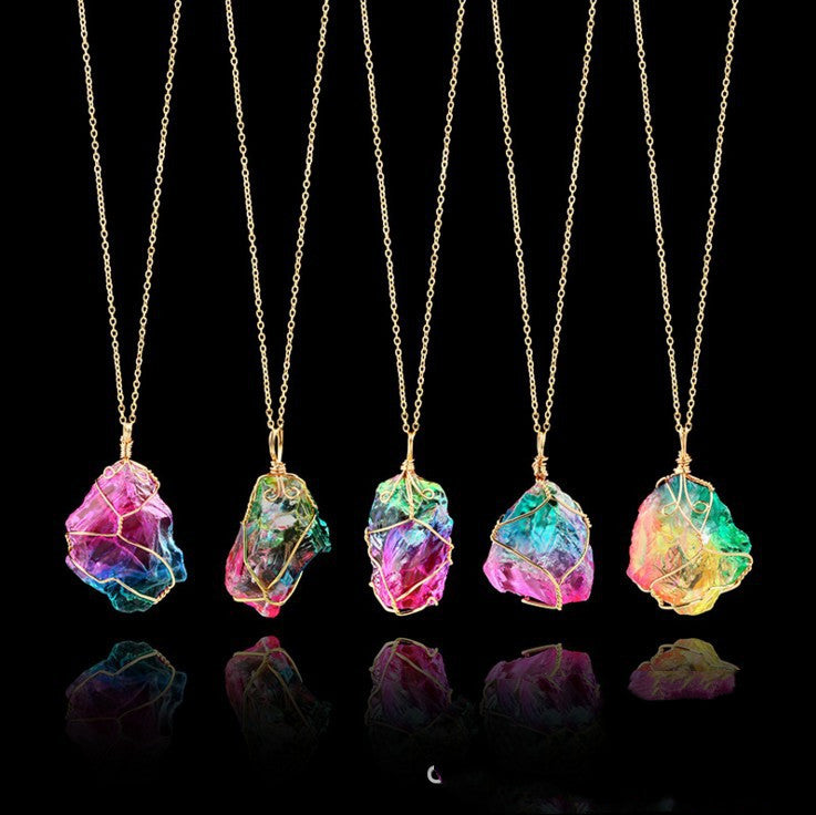 Seven-Color Natural Stone Rough Stone Winding Crystal Pendant Transparent Multi-Color Stone Chain Necklace Necklace